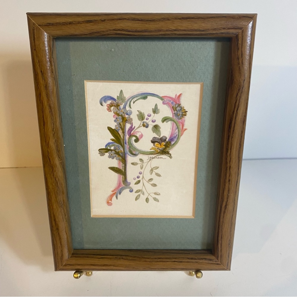 Signed Wood Framed J. Pearson Floral Letter “P” 
5.5”x8”